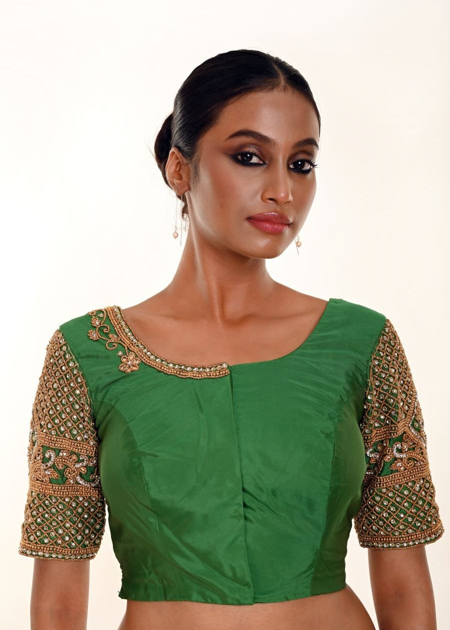 Green Aari Work Bridal Blouse in Pure Silk With  U Neckline and Elbow Sleeves - Anvi Couture