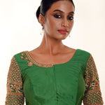 Green Aari Work Bridal Blouse in Pure Silk With  U Neckline and Elbow Sleeves - Anvi Couture