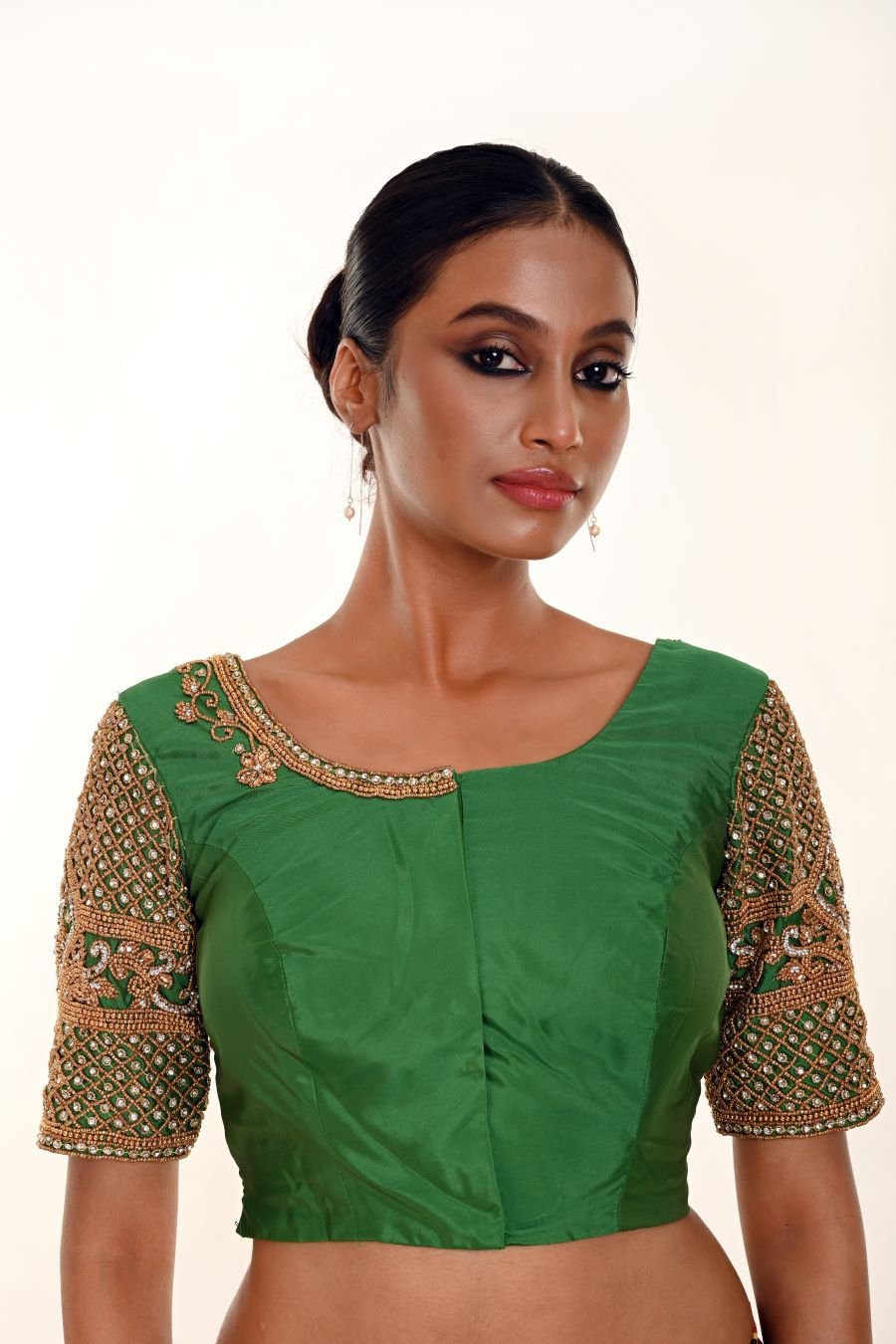 Forest Green Bridal Blouse in Pure Silk with Zardozi Work - Anvi Couture