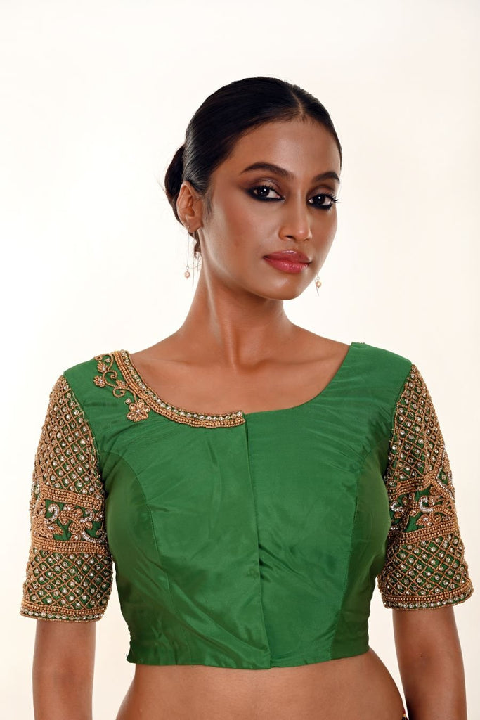Green Aari Work Bridal Blouse in Pure Silk With U Neckline and Elbow Sleeves