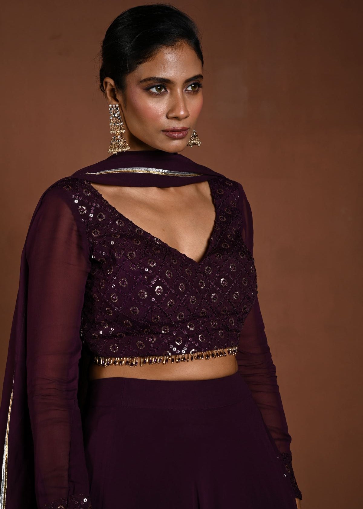 Purple Lehenga with Sequin Work Full Sleeve Choli and Matching Dupatta - Anvi Couture