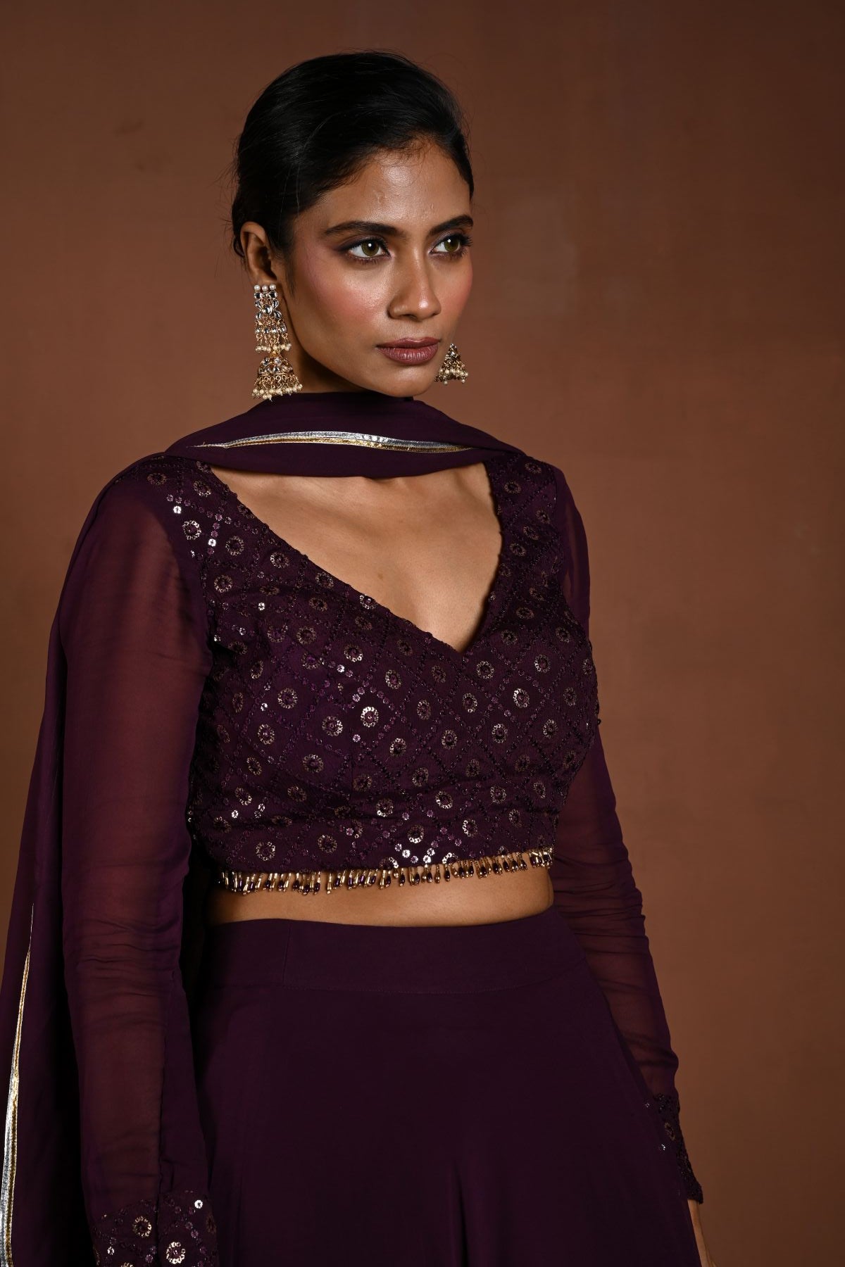 Purple Lehenga with Sequin Work Full Sleeve Choli and Matching Dupatta - Anvi Couture