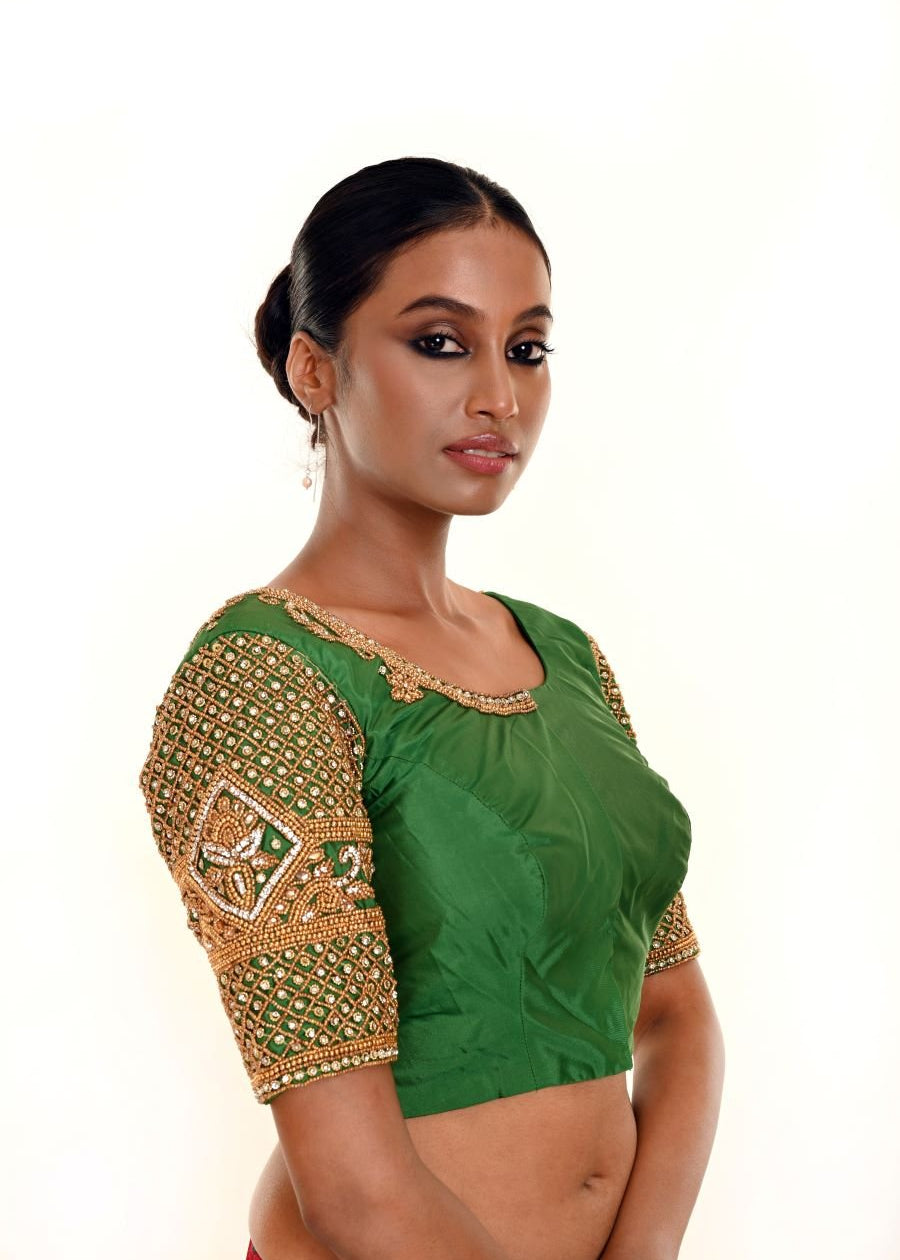 Green Aari Work Bridal Blouse in Pure Silk With  U Neckline and Elbow Sleeves - Anvi Couture