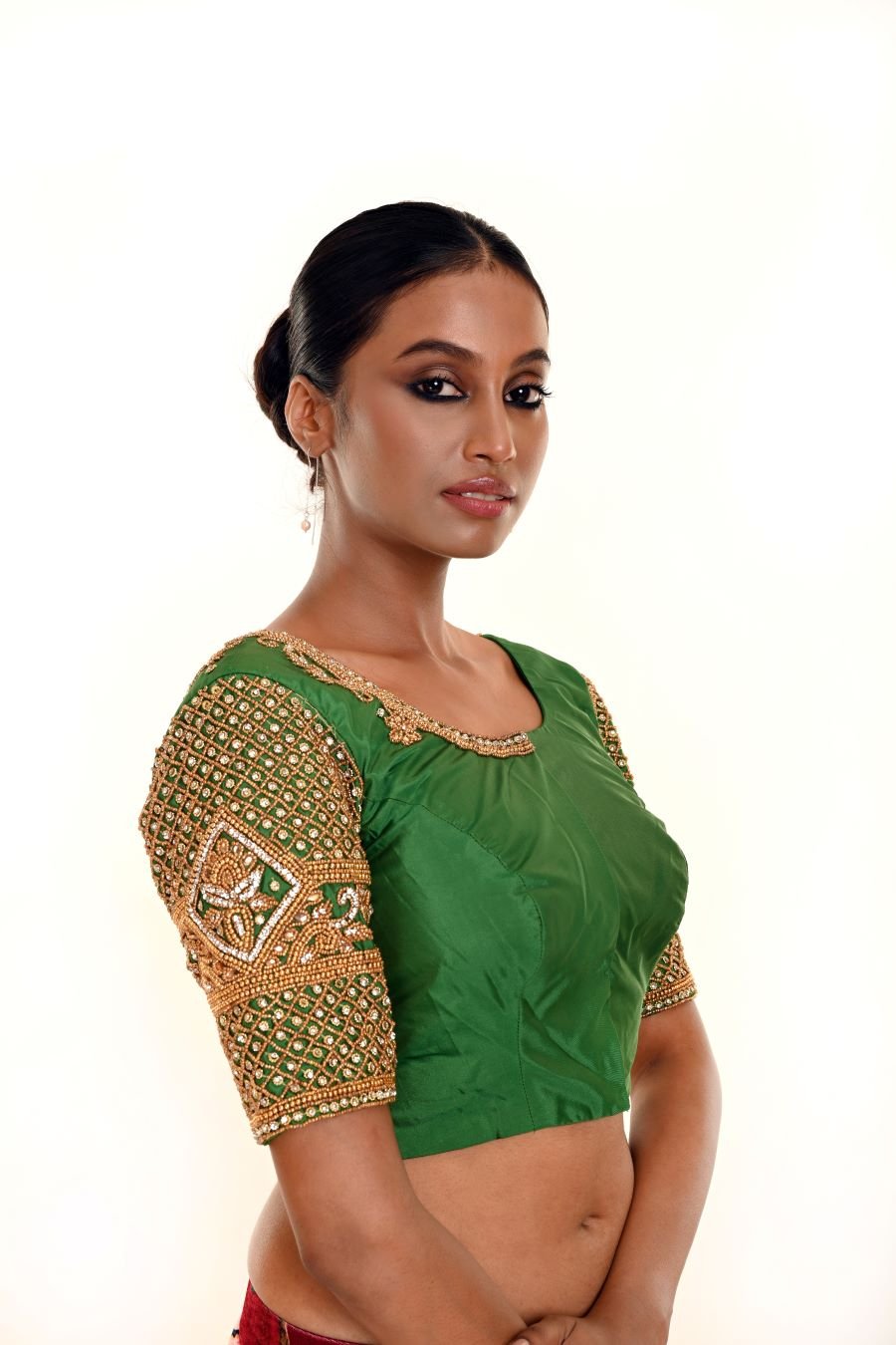 Green Aari Work Bridal Blouse in Pure Silk With  U Neckline and Elbow Sleeves - Anvi Couture