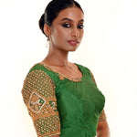 Green Aari Work Bridal Blouse in Pure Silk With  U Neckline and Elbow Sleeves - Anvi Couture