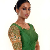 Green Aari Work Bridal Blouse in Pure Silk With  U Neckline and Elbow Sleeves - Anvi Couture