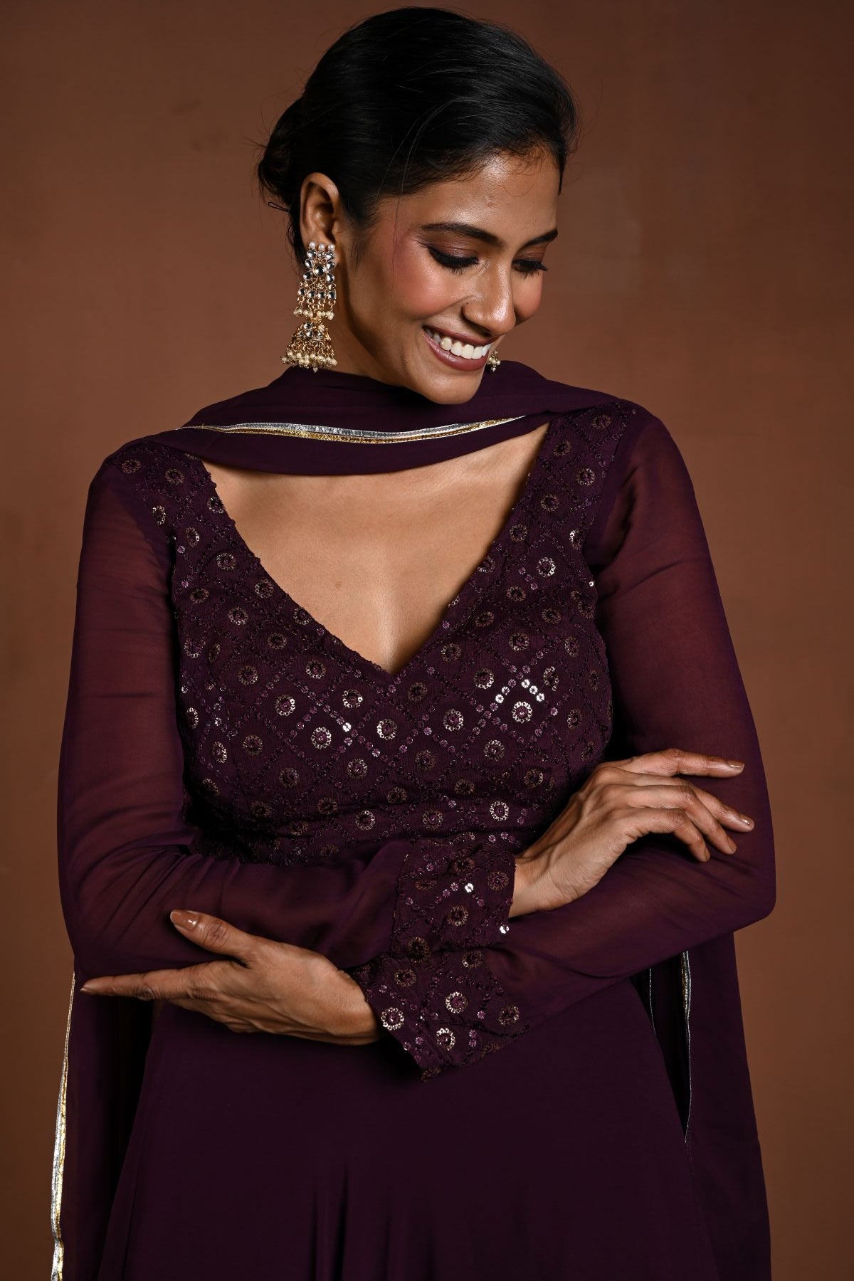 Purple Lehenga with Sequin Work Full Sleeve Choli and Matching Dupatta - Anvi Couture