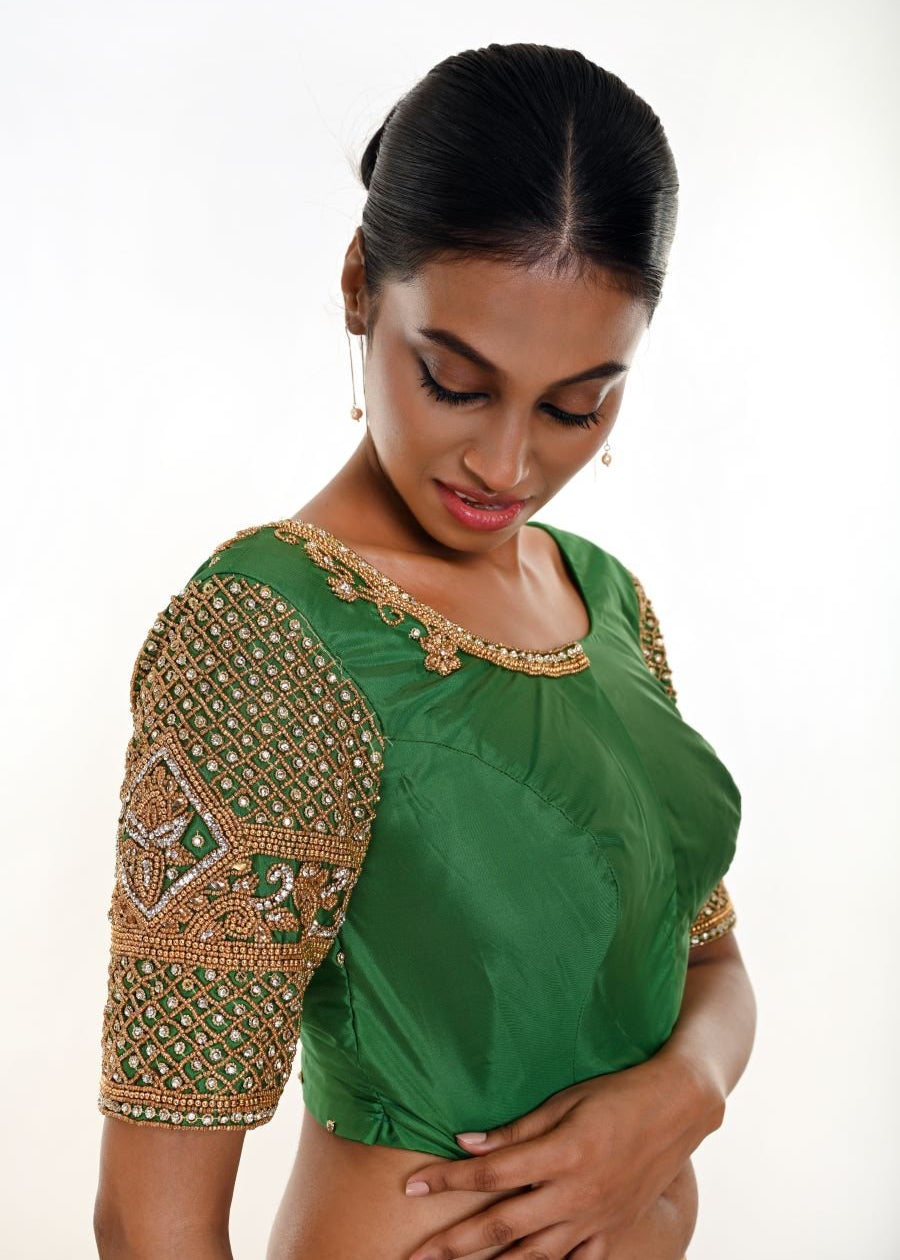 Green Aari Work Bridal Blouse in Pure Silk With  U Neckline and Elbow Sleeves - Anvi Couture