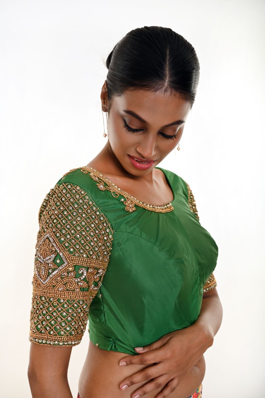 Green Aari Work Bridal Blouse in Pure Silk With  U Neckline and Elbow Sleeves - Anvi Couture