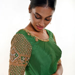 Green Aari Work Bridal Blouse in Pure Silk With  U Neckline and Elbow Sleeves - Anvi Couture