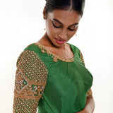 Green Aari Work Bridal Blouse in Pure Silk With  U Neckline and Elbow Sleeves - Anvi Couture