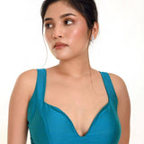 Firozi Blue Sleeveless Blouse in Raw Silk With Sweetheart Neckline