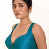 Firozi Blue Sleeveless Blouse in Raw Silk With Sweetheart Neckline