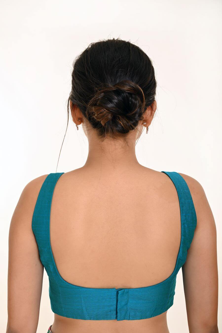 Firozi Blue Sleeveless Blouse in Raw Silk With Broad U-Neckline in the Back