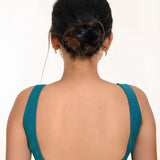 Firozi Blue Sleeveless Blouse in Raw Silk With Broad U-Neckline in the Back