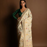 Elegant White Satin Silk Banarasi Saree with Meenakari Work - Anvi Couture