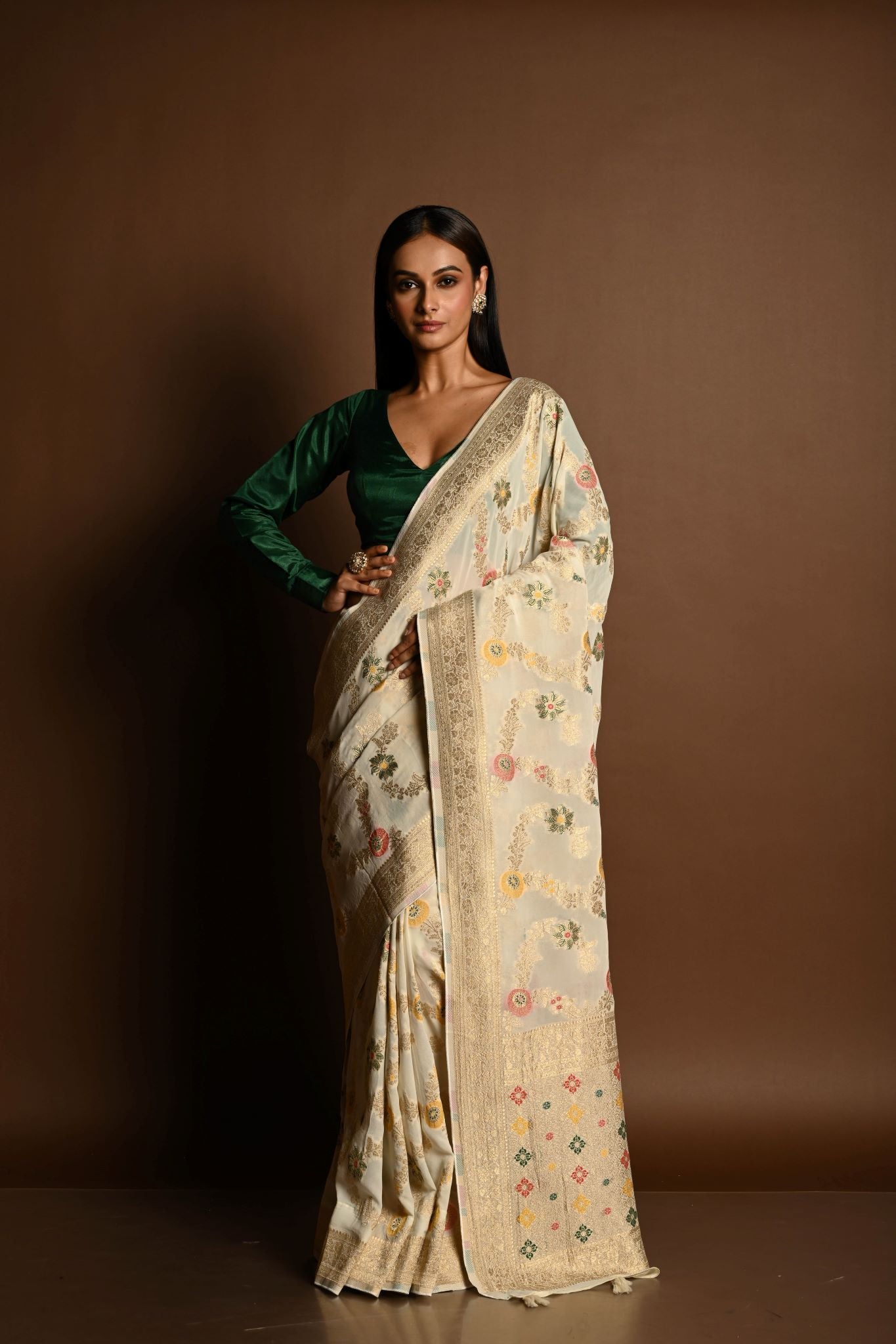 Elegant White Satin Silk Banarasi Saree with Meenakari Work - Anvi Couture