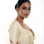 White Brocade Hand Embroidered Blouse With Queen Anne Neckline and Elbow Sleeve - Anvi Couture