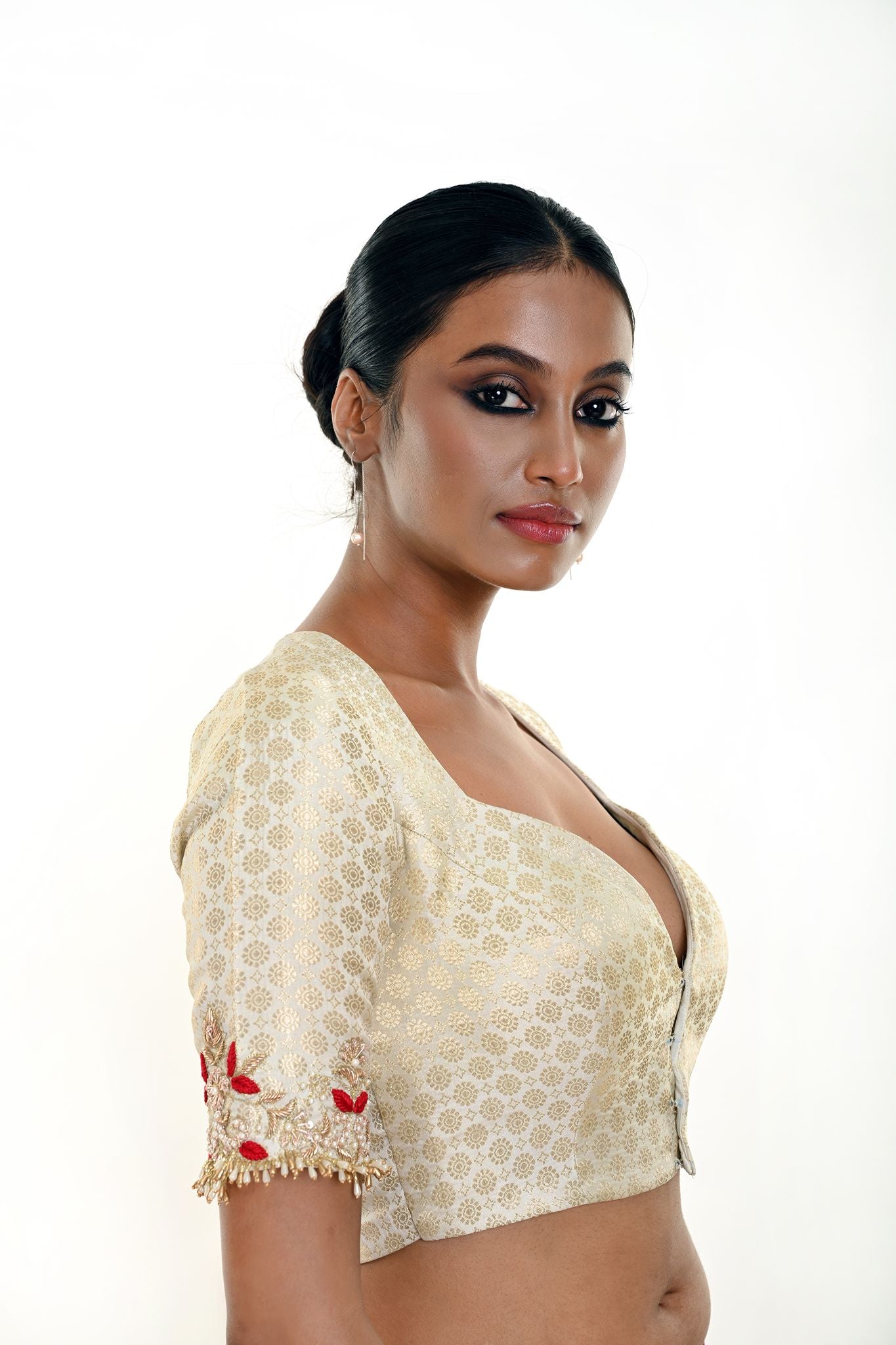 White Brocade Hand Embroidered Blouse With Queen Anne Neckline and Elbow Sleeve - Anvi Couture