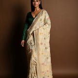 Elegant White Satin Silk Banarasi Saree with Meenakari Work - Anvi Couture