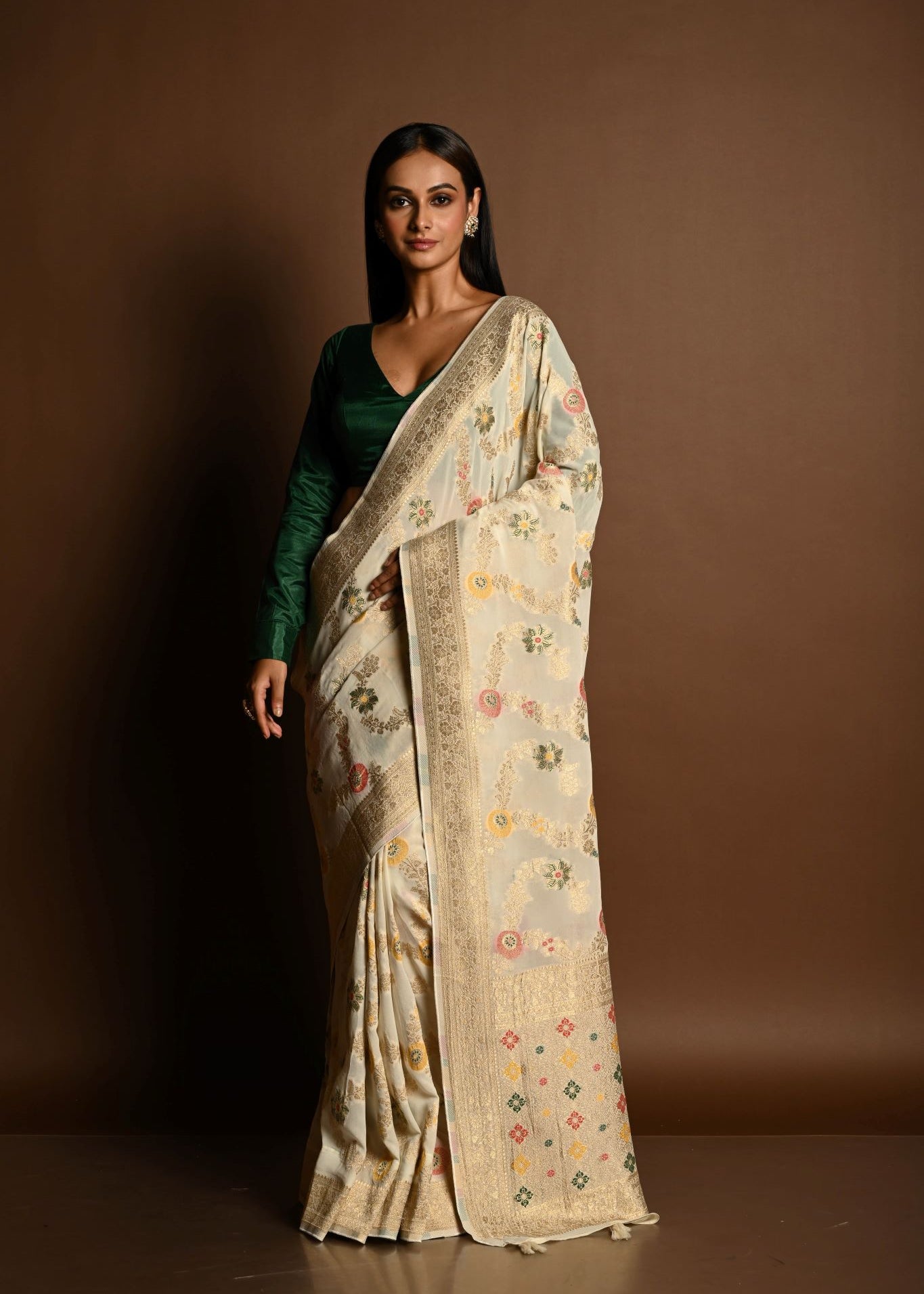 Elegant White Satin Silk Banarasi Saree with Meenakari Work - Anvi Couture