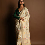 Elegant White Satin Silk Banarasi Saree with Meenakari Work - Anvi Couture