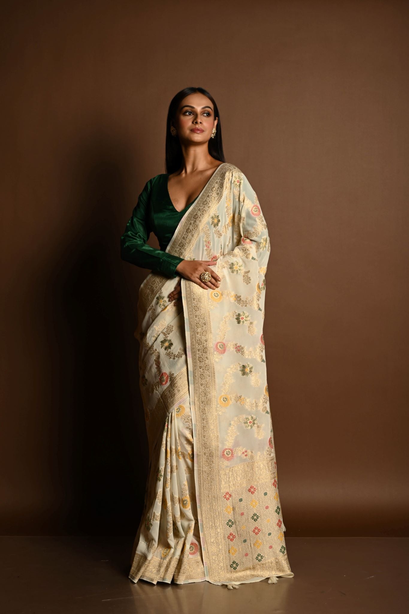 Elegant White Satin Silk Banarasi Saree with Meenakari Work - Anvi Couture