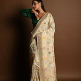 Elegant White Satin Silk Banarasi Saree with Meenakari Work - Anvi Couture