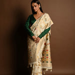 Elegant White Satin Silk Banarasi Saree with Meenakari Work - Anvi Couture