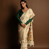 Elegant White Satin Silk Banarasi Saree with Meenakari Work - Anvi Couture