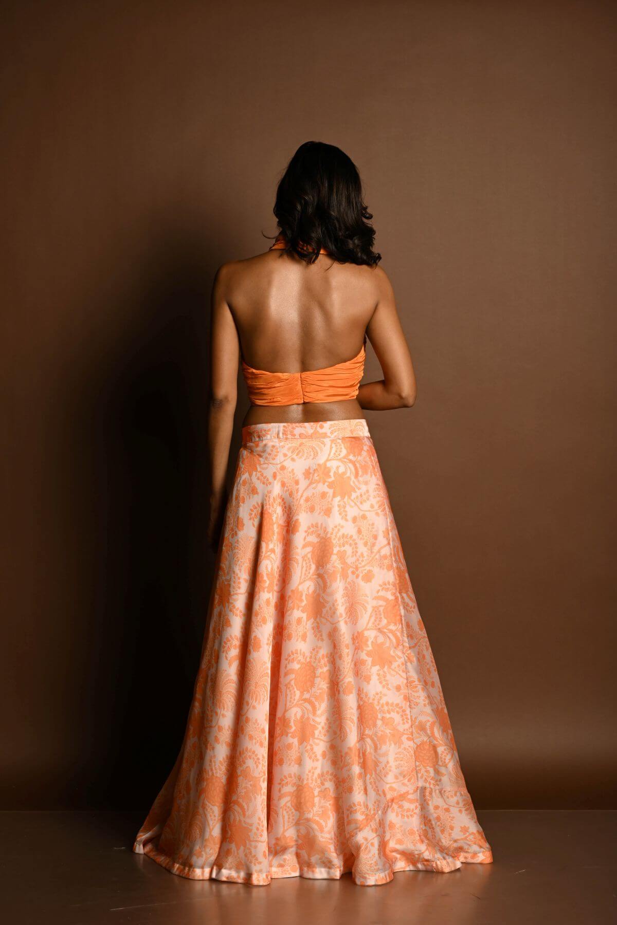 Orange Lehenga Set with Halter Neck Top and Printed Skirt - Anvi Couture