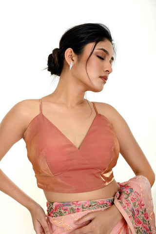 Peach Blouse In Organza with Spaghetti Strap and V Neckline