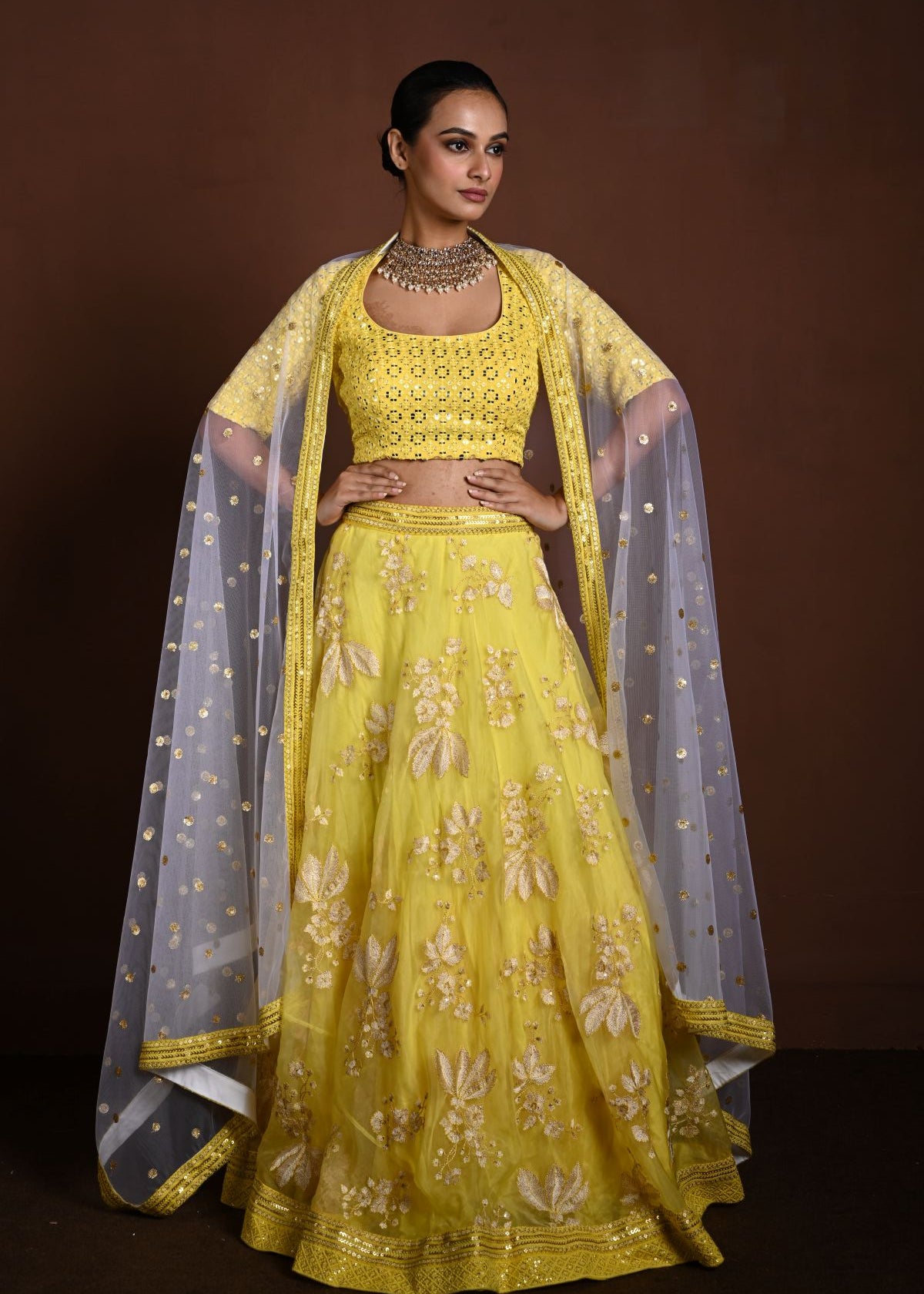 Yellow Lehenga Choli with White Floral Embroidery and White Net Dupatta - Anvi Couture