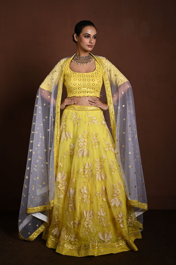 Yellow Lehenga Choli with White Floral Embroidery and White Net Dupatta - Anvi Couture