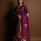 Wine Purple Handloom Pure Silk Banarasi Saree with Zari Abstract Motifs - Anvi Couture