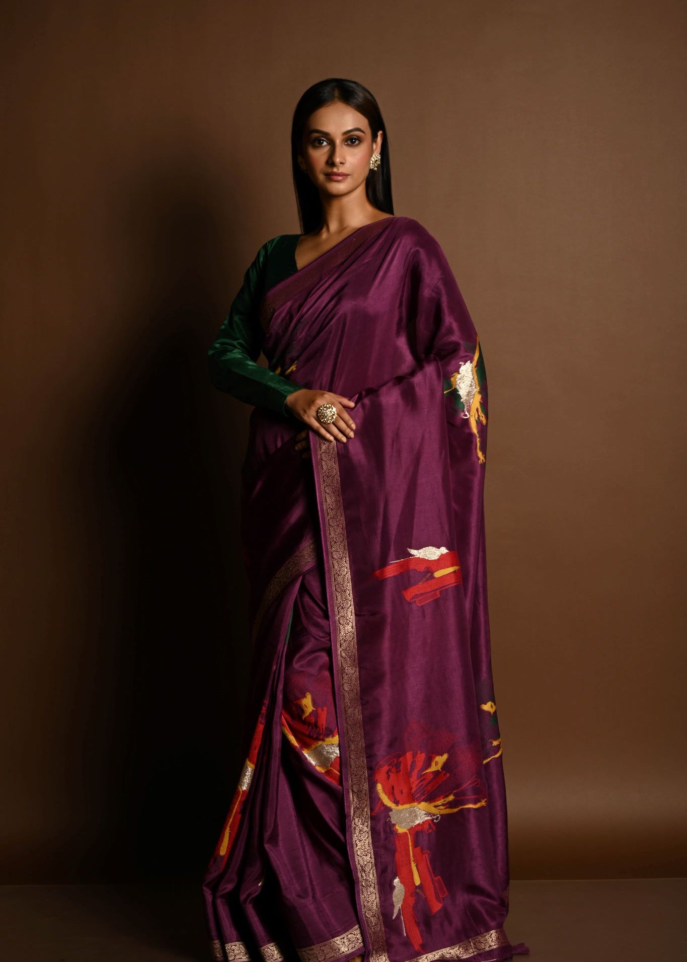 Wine Purple Handloom Pure Silk Banarasi Saree with Zari Abstract Motifs - Anvi Couture