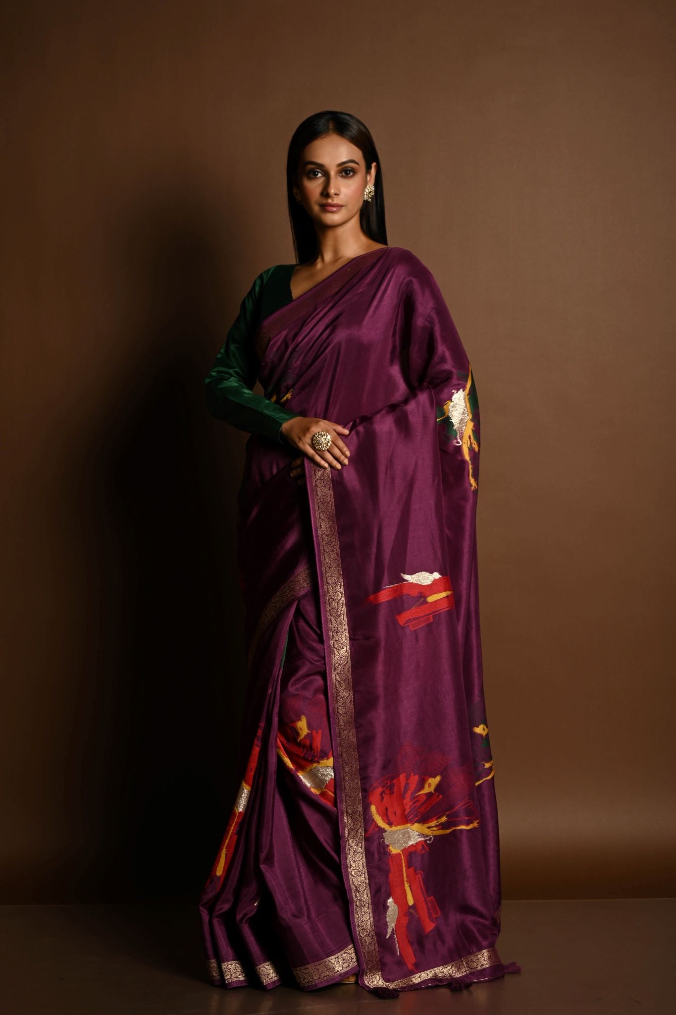 Wine Purple Handloom Pure Silk Banarasi Saree with Zari Abstract Motifs - Anvi Couture