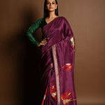 Wine Purple Handloom Pure Silk Banarasi Saree with Zari Abstract Motifs - Anvi Couture