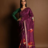 Wine Purple Handloom Pure Silk Banarasi Saree with Zari Abstract Motifs - Anvi Couture