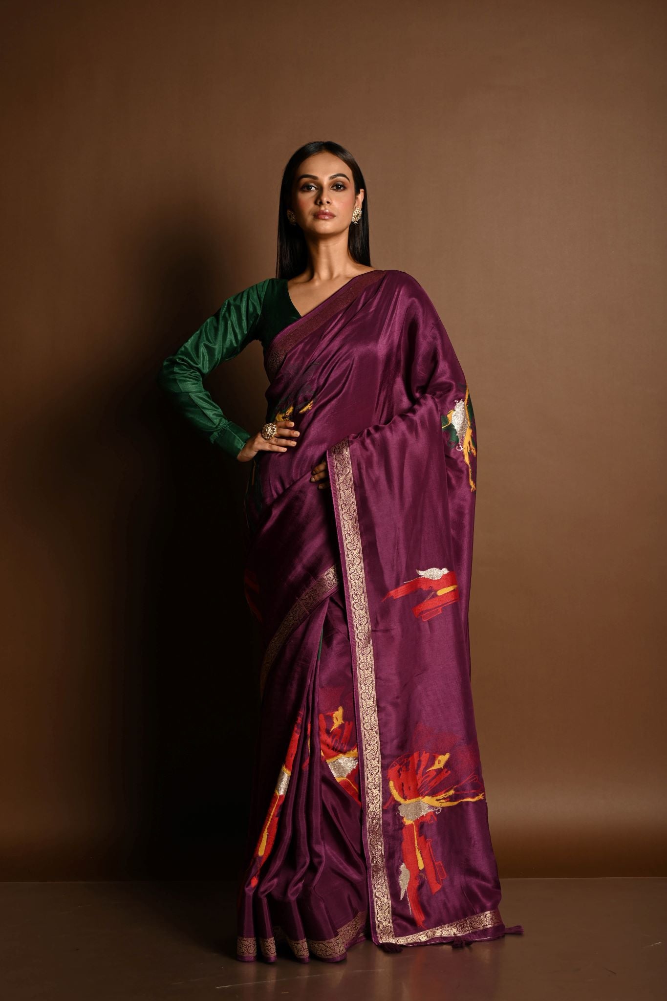 Wine Purple Handloom Pure Silk Banarasi Saree with Zari Abstract Motifs - Anvi Couture