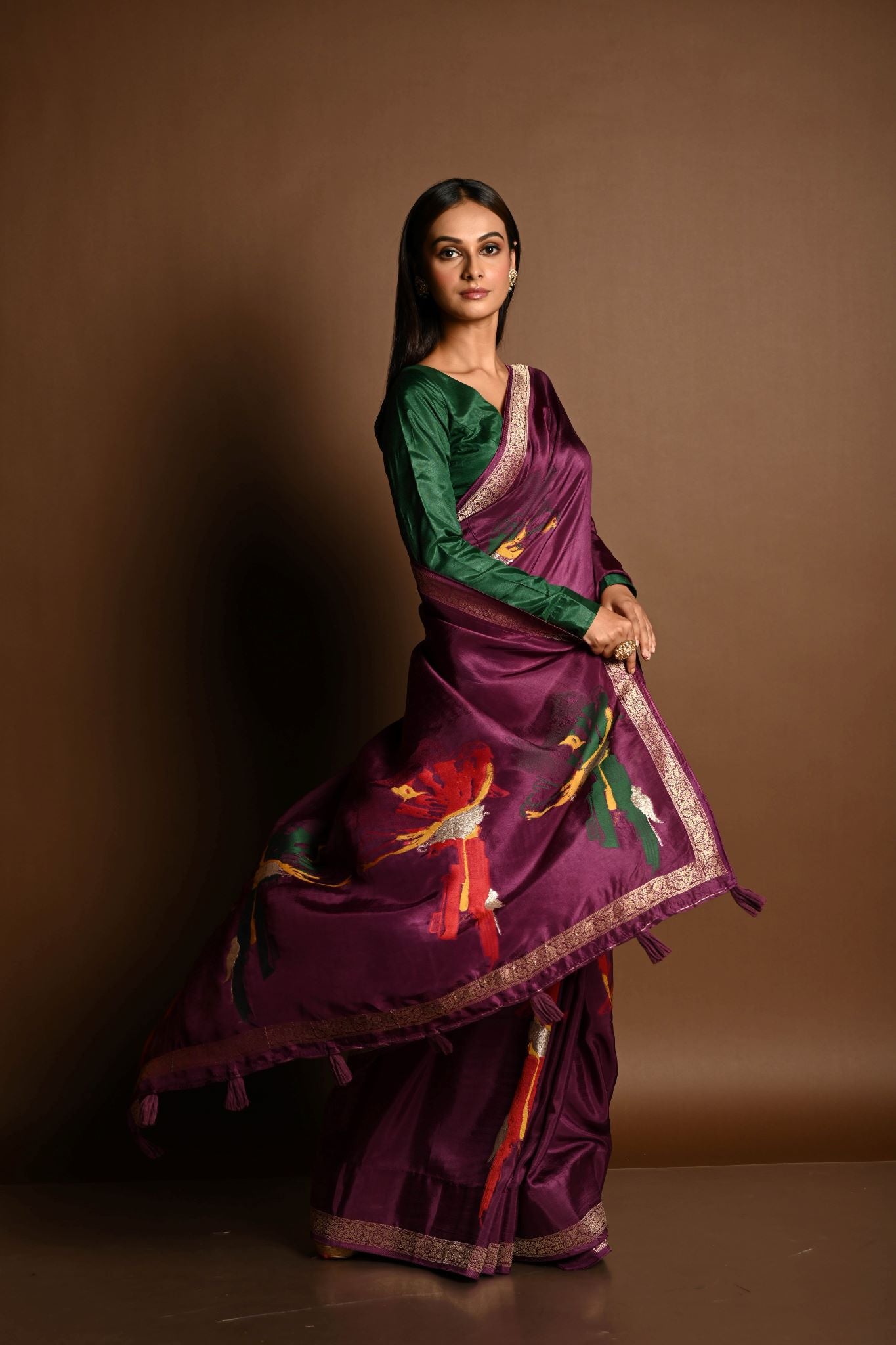 Wine Purple Handloom Pure Silk Banarasi Saree with Zari Abstract Motifs - Anvi Couture