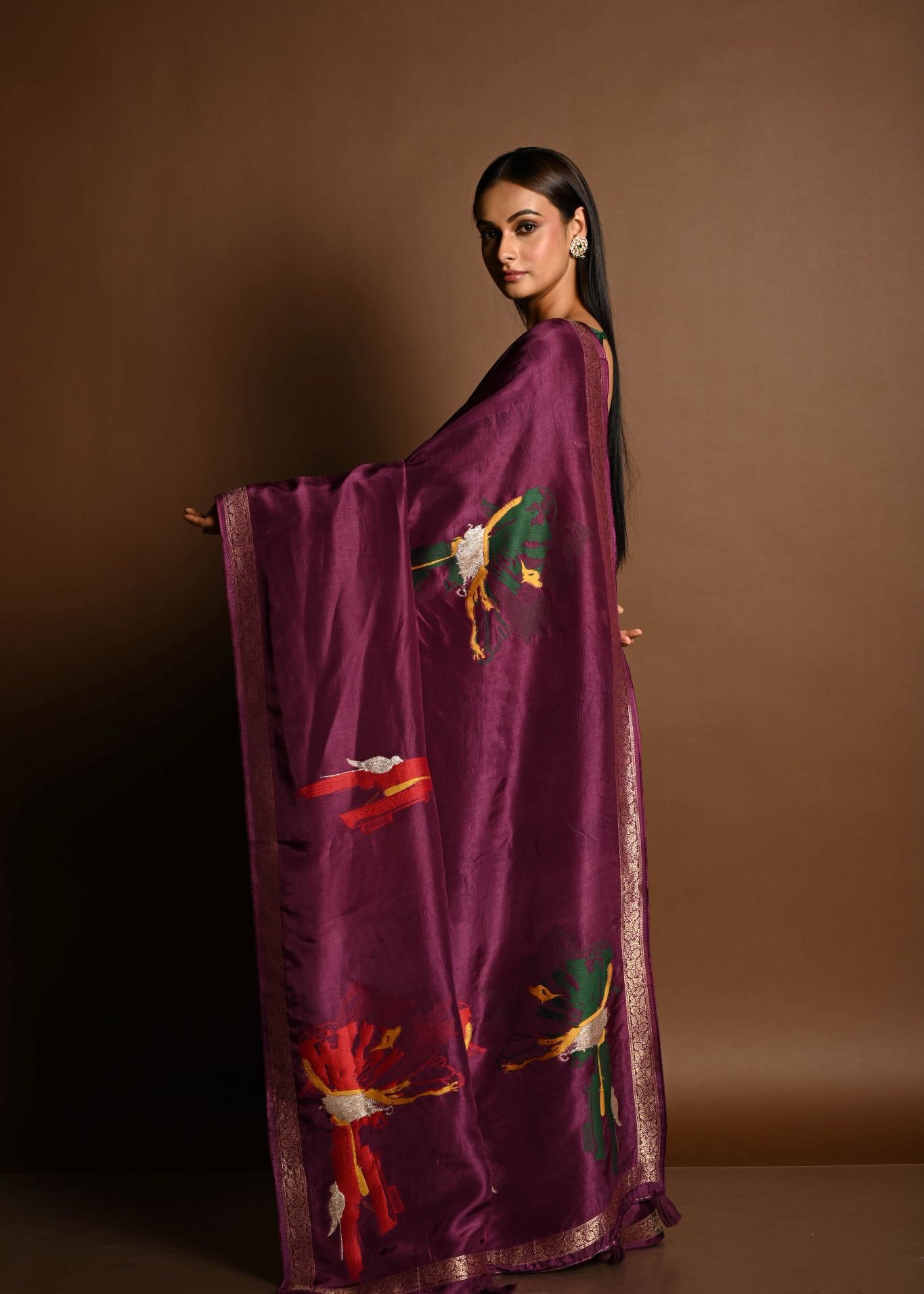 Wine Purple Handloom Pure Silk Banarasi Saree with Zari Abstract Motifs - Anvi Couture