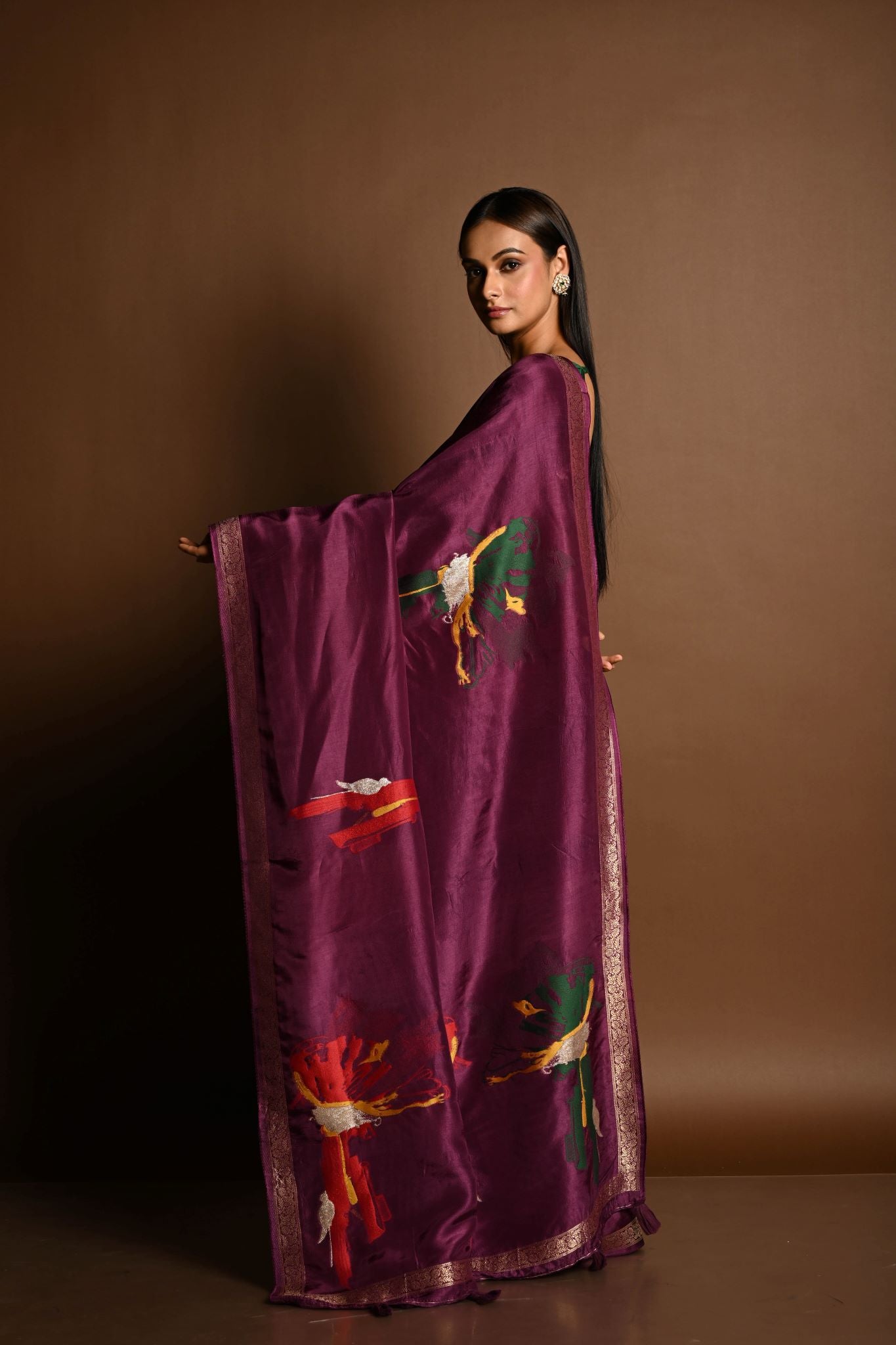 Wine Purple Handloom Pure Silk Banarasi Saree with Zari Abstract Motifs - Anvi Couture