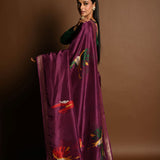 Wine Purple Handloom Pure Silk Banarasi Saree with Zari Abstract Motifs - Anvi Couture