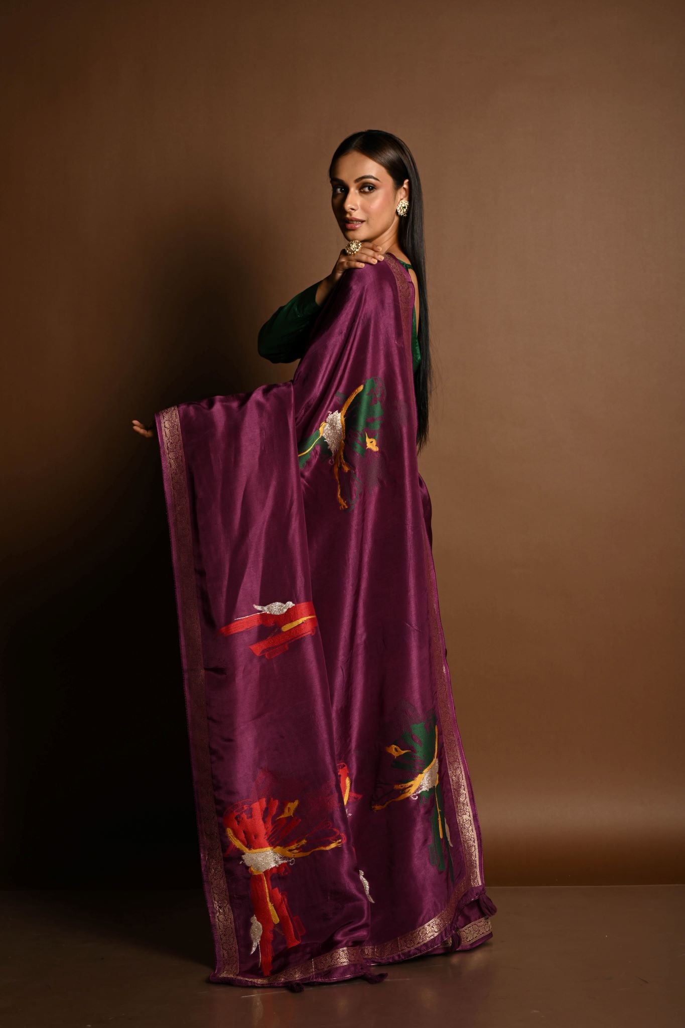 Wine Purple Handloom Pure Silk Banarasi Saree with Zari Abstract Motifs - Anvi Couture