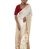 Pearl White and Gold Dola Silk Embroidered Saree with Stone Embellishment and Red Piping Border - Anvi Couture