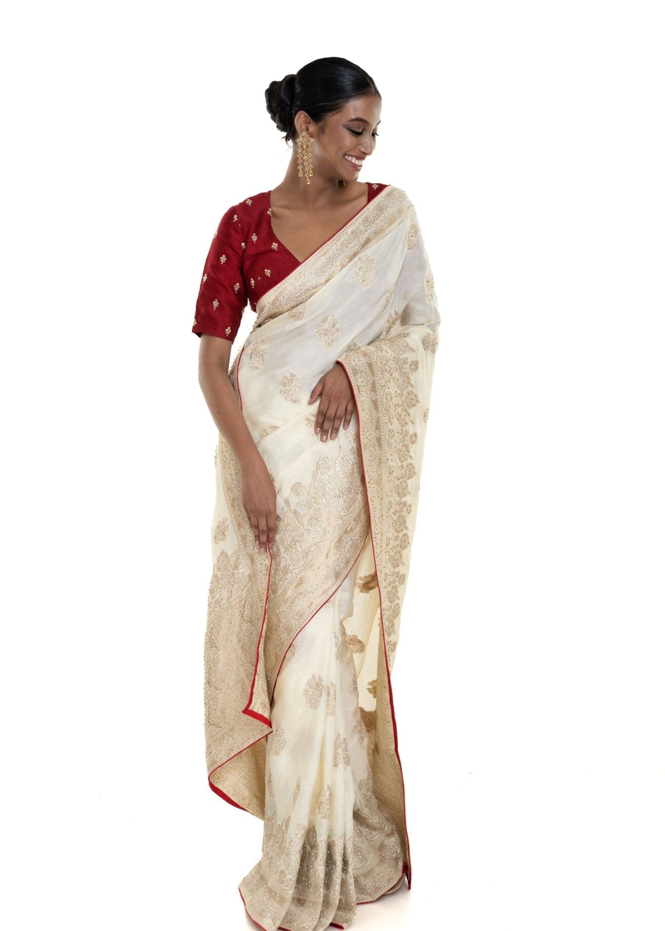 Pearl White and Gold Dola Silk Embroidered Saree with Stone Embellishment and Red Piping Border - Anvi Couture