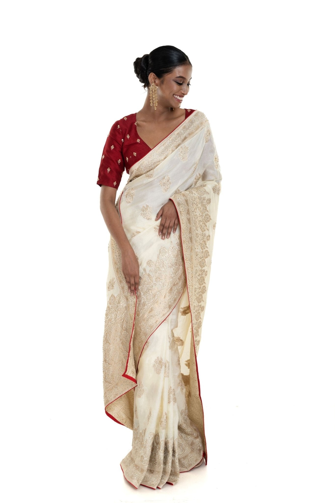 Pearl White and Gold Dola Silk Embroidered Saree with Stone Embellishment and Red Piping Border - Anvi Couture