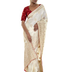 Pearl White and Gold Dola Silk Embroidered Saree with Stone Embellishment and Red Piping Border - Anvi Couture