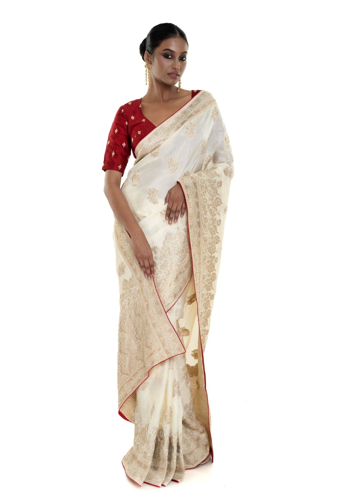 Pearl White and Gold Dola Silk Embroidered Saree with Stone Embellishment and Red Piping Border - Anvi Couture